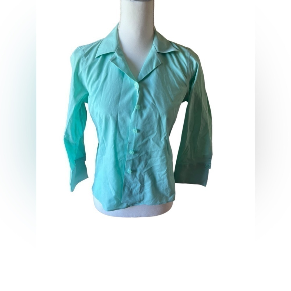 Talbots Petite‎ Sea Green Button Down Shirt 3/4 Sleeve Career Blouse Size 2P